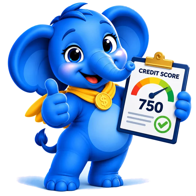 Elena giving a thumbs-up next to a credit score gauge
