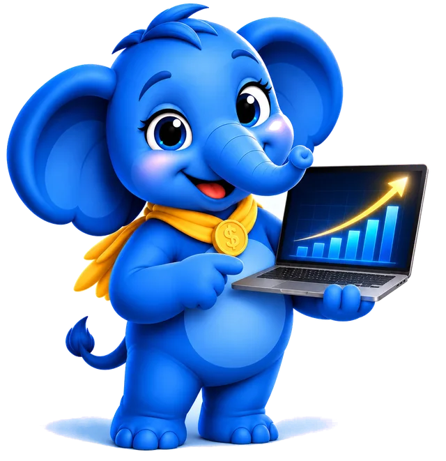 Elena showing a laptop with a rising growth chart
